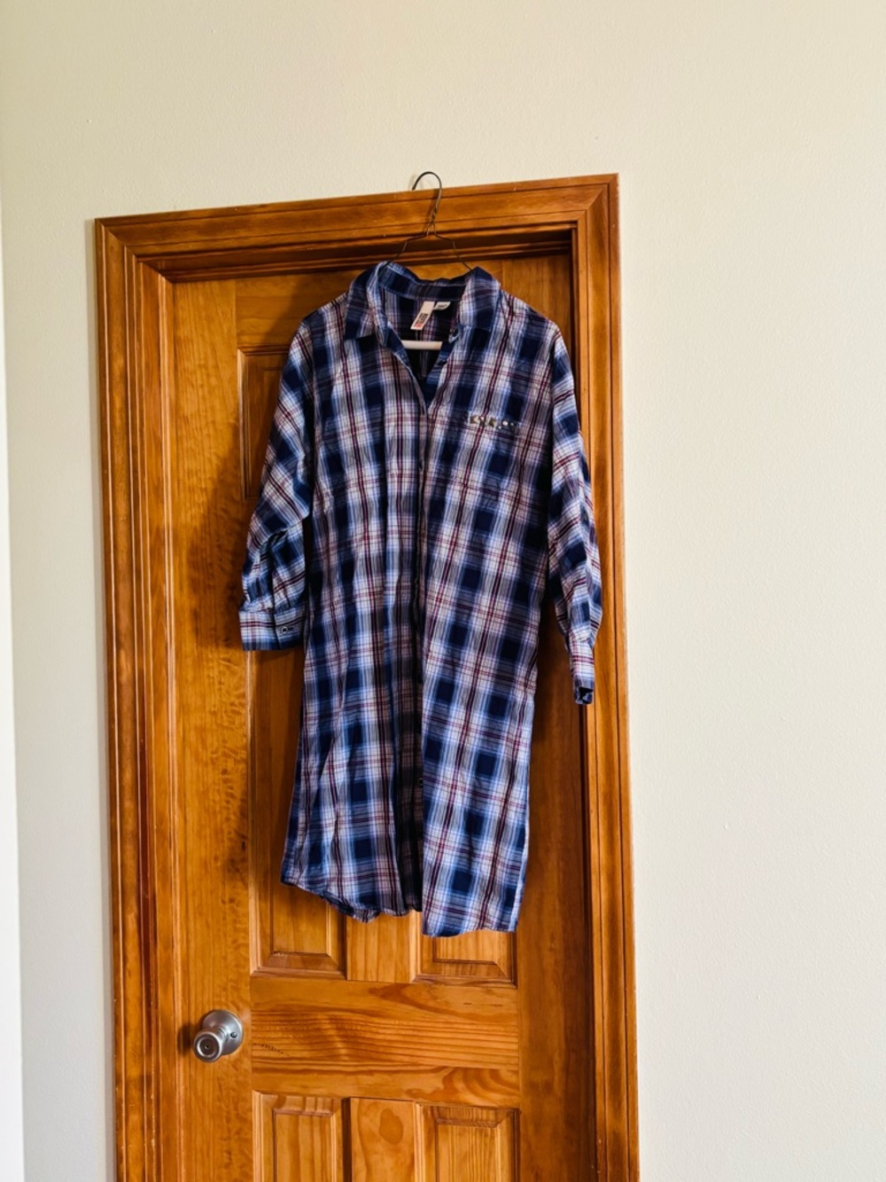 Blue Plaid Long Flannel Shirt Dress Route 66 cute metal accent